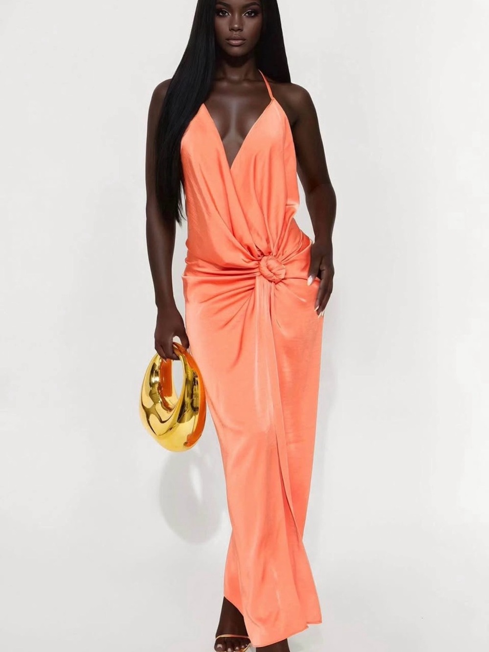 Orange Halter Maxi Dress with Front Knot